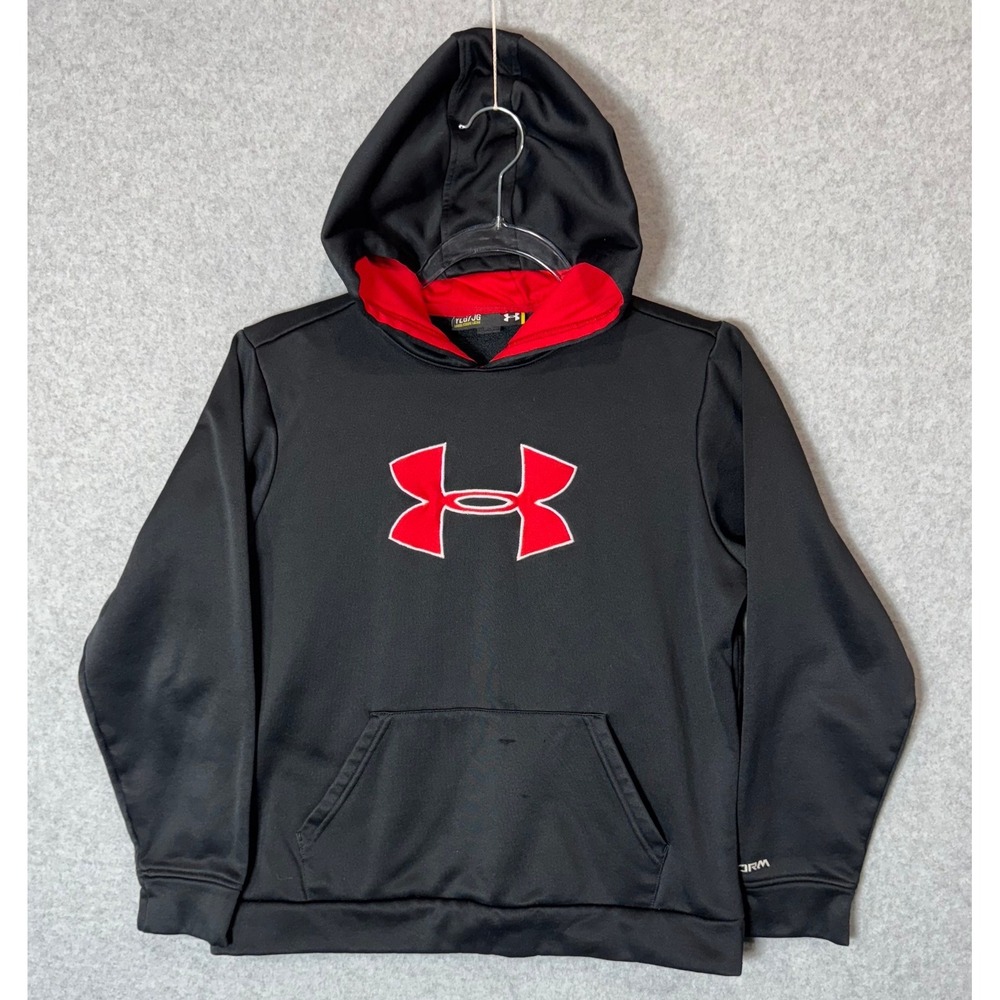 Under Armour Hoodie Pullover Fleece Lined Activewear Black Red YLG/JG
